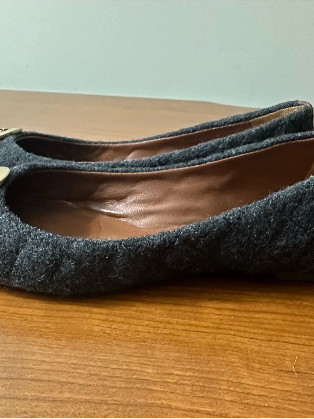 Tory Burch Two-Tone Gray Wool & Chestnut Leather Logo Parker Ballet Flats sz 8